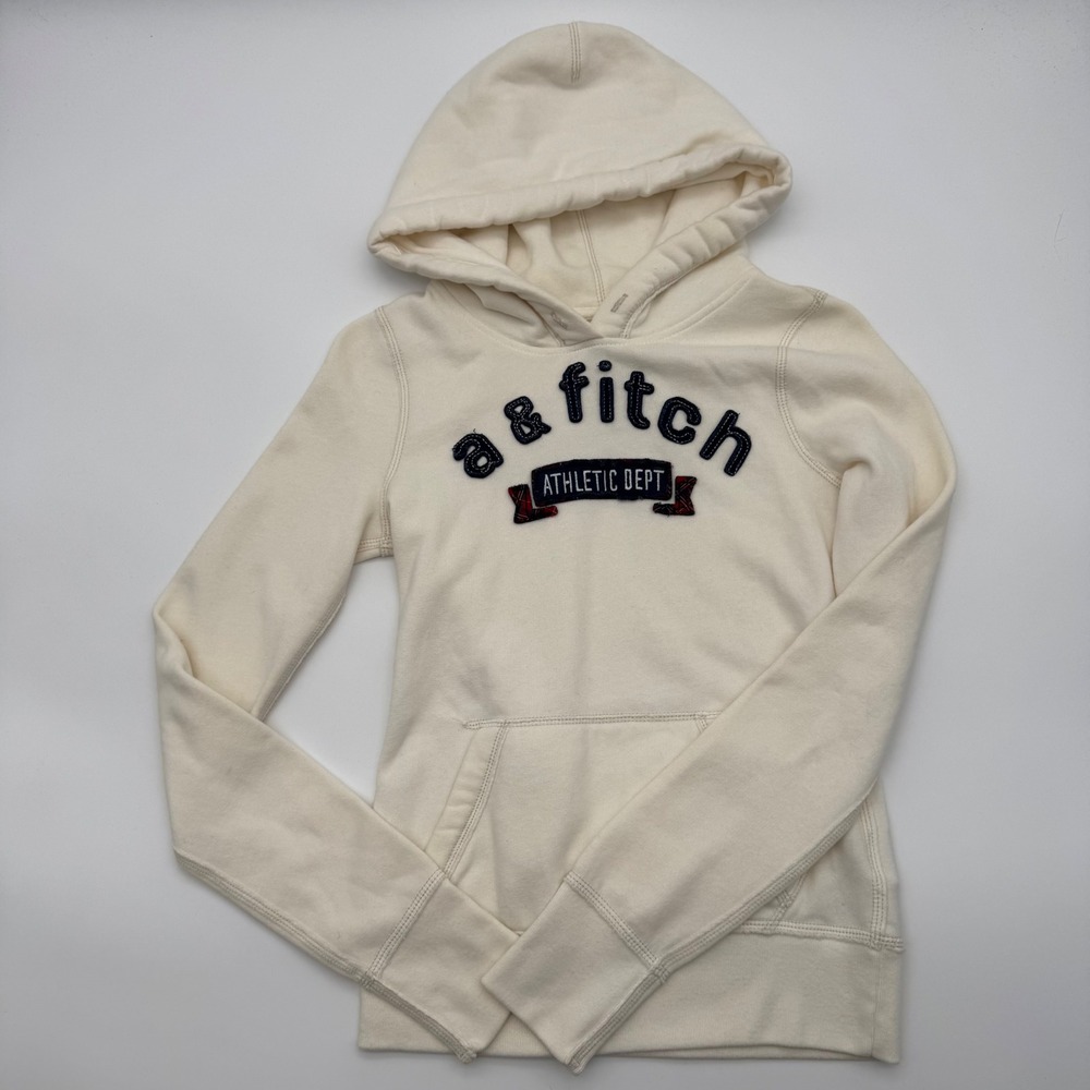 Abercrombie Kids Cream Athletic Dept Logo Pullover Hoodie Sweatshirt Large L A&F